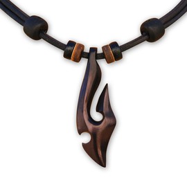 HANA LIMA Necklace Surfer Necklace Handmade Hei Matau Maori New Zealand Men Women Leather Chain Surfer Necklace, Leather, Wood.