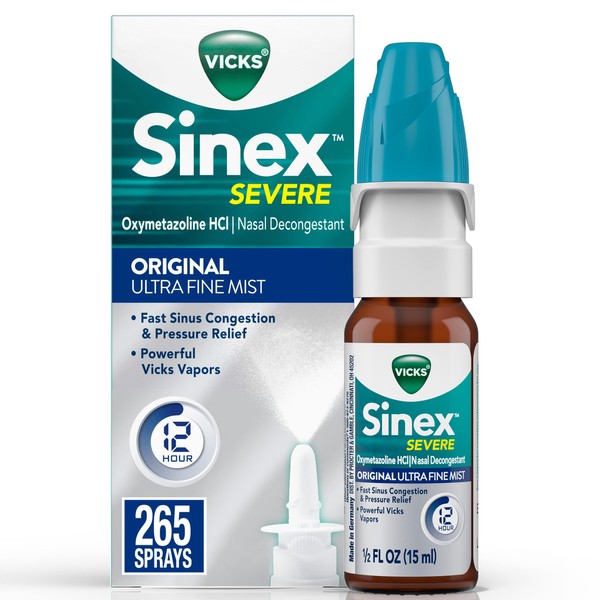 Vicks Sinex SEVERE Nasal Spray, Original Ultra Fine Mist, Decongestant Medicine, Relief from Stuffy Nose due to Cold or Allergy, & Nasal Congestion, Sinus Pressure Relief, 265 Sprays
