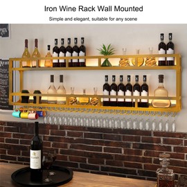 Wall Wine Rack Floating Bar Shelves Wall Mounted with LED Light Liquor Bottle Display Shelf with Hanging Wine Glass Rack Kitchen Wall Shelf Liquor Cabinet Bar Stand for Home Bar Cafe Restaurant(Gold,2
