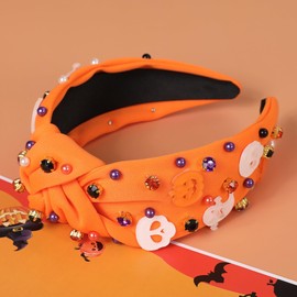Gmmidea Women’s Halloween Headband Ghost Pumpkin Skull Embellished Wide Top Knot Headband Spooky Hair Accessories Halloween Holiday Cosplay Party Outfits Gifts