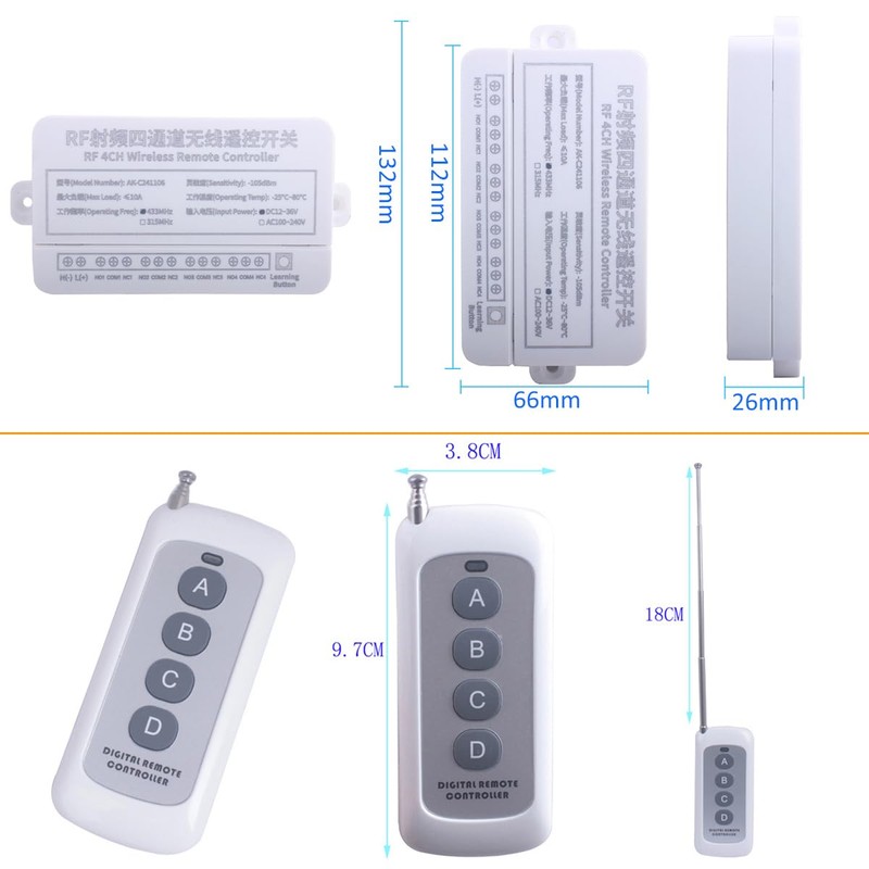 12V-36V 4CH Wireless Control Relay Switch 433MHz 4 Channel Remote