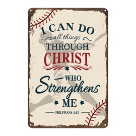 KOYILTD - Letrero de pared de béisbol inspirador con texto «I Can Do All Things Through Christ» de metal, decoración de habitación deportiva para niños, recámara, habitación deportiva, suministros de