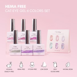 vettsy Hema-Free Cat Eye Gel Nail Polish Set with Magnet, 6 Colors Magnetic Gel Polish Kit with Cat Eyes Effect for DIY Nail Art Manicure at Home (Pastel Jelly)
