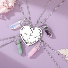 JSDDE BFF Friendship Necklace for 3/4 Partner Chains Best Friends Forever and Ever Heart Puzzle Pendant Necklace Healing Stones Chain Jewellery for Sisters Partner Friends, Gemstone Metal, Amethyst,