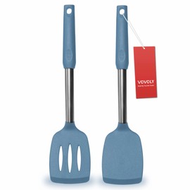2 Pack Spatulas, Solid & Slotted Silicone Spatula Set, Stainless Steel Handle Coated with Silicone, Non Stick, Heat Resistant Rubber Flipper for Fish, Eggs, Pancakes, WOK, Starry Blue