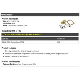 4WD Actuator (Disconnect) - Compatible with 1994-2001 Dodge Ram 1500 4WD with Dana 44 Axle