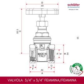 Schläfer 0933003 Universal Brass Gate Valve Plumbing Fitting G 3/4 Inch Female Female Red Aluminium Handwheel and Locking Bolt Internal Thread 26.5 mm PN16 Made in Italy