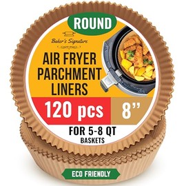 Air Fryer Liners, 120Pcs Disposable Parchment Paper â 20 cm Round, for Ninja, Tefal, Cosori and Others â Unbleached, for Baking, Roasting or Cooking, Easy Cleanup by Baker's Signature (8 Inch)