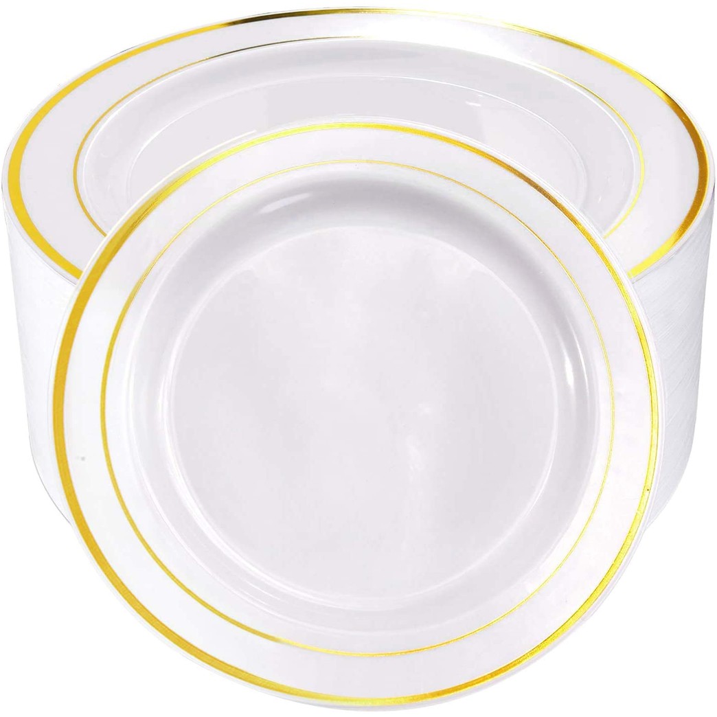 60pcs Plastic Gold Plates,10.25 inch Gold Rimmed Dinner Plates, White Disposable Plates for Parties or Wedding