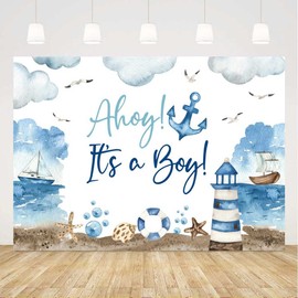 7x5ft Ahoy Nautical Boy Baby Shower Backdrop It's a Boy White Clouds Blue Marine Sea Lighthouse Ship Background Newborn Baby Gender Reveal Party Decor Banner Photo Booth Props