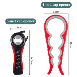 WOLMIK Bottle Openers - 2 PCS Easy Jar Bottle Opener Kit, 5 in 1 Jar Opener & 4 in 1 Bottle Opener Kit, Multi-Functional Can Openers, Simple to Use for Elderly and Children - Red and Black
