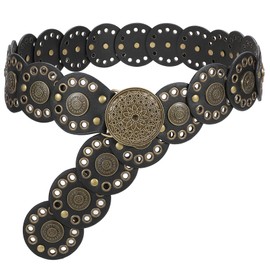 JasGood Wide Disc Belt for Women Leather Hollow Out Round Belt Western Cowgirl Belt Women's Concho Vintage Belt Boho Disc Leather Belt Adjustable Waist Belt for Dresses, Black (bronze buckle)