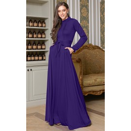 KOH KOH Womens Long Ruffle Sleeve High Neck Collar Pockets Elegant Modest Classic Evening Cocktail Vintage Abaya Semi Formal Maxi Dress Dresses Gown Gowns, Indigo Blue Purple L 12-14