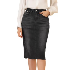 Allegra K Women's Casual Jean Skirt High Waist Back Slit Stretch Denim Skirts X-Large Black