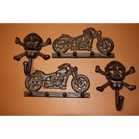 Southern Metal Fathers Day Gift Motorcycle Skull Wall Hooks Gift Set, Hang Coats, Hats, Jackets and More. 8", Bundle of 4, H-03 H-66