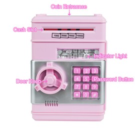 Piggy Banks for Kids, Children Electronic Password Money Banks Mini ATM Money Save for Cash and Coins, Great Birthday Gift for Boys & Girls (Light Pink)