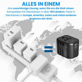 Extralink Travel Adapter Worldwide USB-C & USB-A - Multiple Adapter for More than 150 Countries, Travel Plug Europe, England, Australia - Reliable USA Adapter Socket