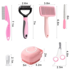 VCZONE 8 Pcs Dog Grooming Kit with Self Cleaning Tools: Nail Clipper, Flea Comb, Shampoo Brush, Shedding Brush, Dematting Comb, Silicone Toothbrush (Pink)