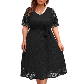 Plus Size Dresses Wedding Guest Cocktail Little Black Women Semi Formal Party Graduation Summer Lace Funeral V Neck Midi