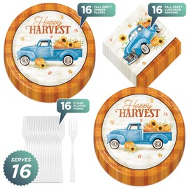 Fall Party Supplies - Autumn Harvest Truck & Orange Plaid Dinner Plates, Lunch Napkins, and Forks (Serves 16)
