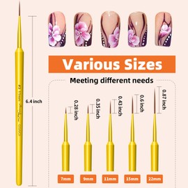 Nail Brush Set for Nail Art Liner Brushes,GSWOI 5Pcs Thin Liner Striping Brush for Nails Gel Polish Painting Designs Elongated Lines -Sizes 7/9/11/15/22mm(Yellow)