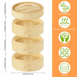 LOPYXBR 3 Tied Bamboo Steamer 8 Inch Dumpling Steamer Basket 3 Tied Bamboo Steamer Basket with Lid Steaming Basket for Cooking Dim Sum, Chicken, Fish