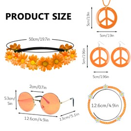 HyperFun Hippie Costume Accessories Set Peace Sign Necklace Sunglasses Flower Headband Earrings For 60s 70s Outfit Party Women