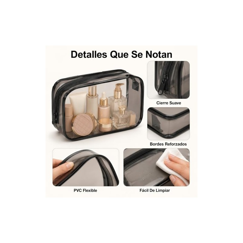 Cosmetiqueras Transparentes 3 Piezas de PVC, Bordes Negros, 18 x