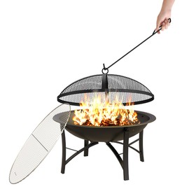 Fire Beauty Fire Pit for Outside Wood Burning Firepit BBQ Grill Steel Fire Bowl with Spark Screen Cover, Log Grate, Poker for Camping Beach Bonfire Picnic Backyard Garden