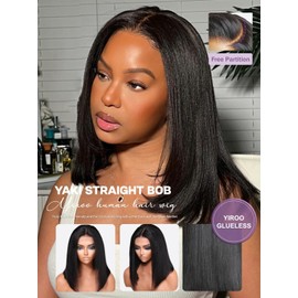 YIROO Yaki Straight Bob Human Hair Wigs Pre Cut 7x5 HD Lace Front Wig Bye Bye Knots Put On and Go Glueless Human Hair Wig 14Inch Yaki Straight Bob Wigs