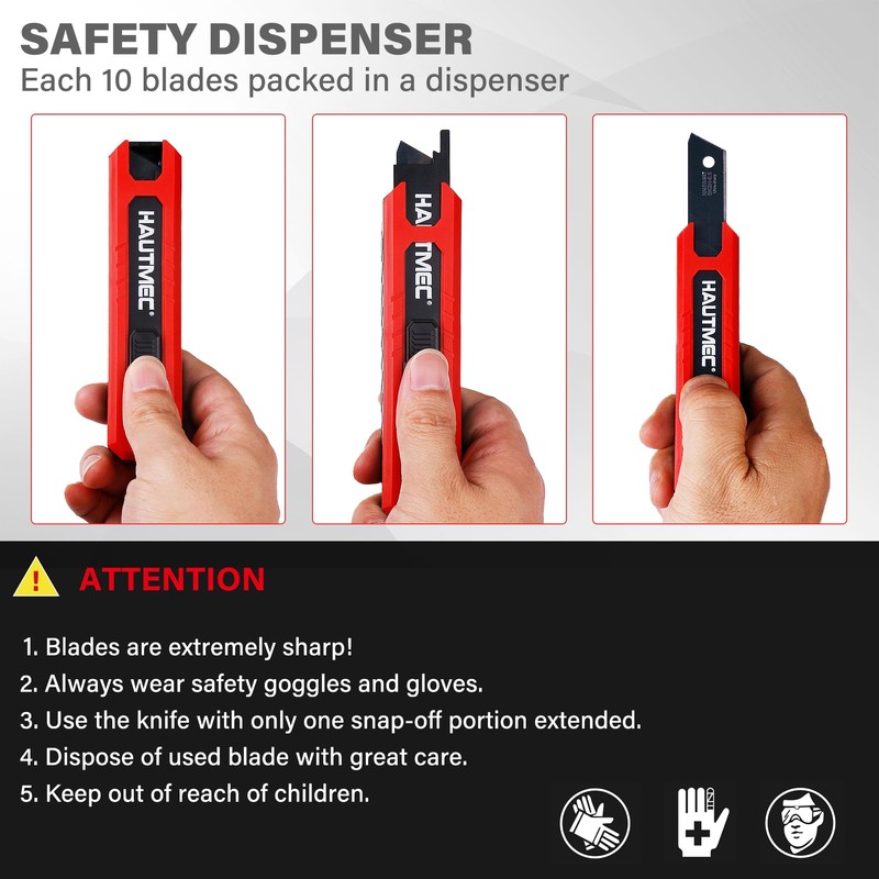 HAUTMEC 10PC 9mm Industrial Utility Knife Blades, SK2H Steel Box