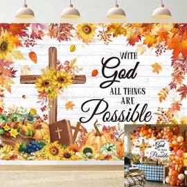 with God All Things are Possible Backdrop 7x5FT Autumn Maple Leaves Pumpkin Christian Banner Background Jesus Cross Religious Thanksgiving Party Decorations
