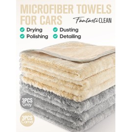 Fantasticlean Microfiber Car Detailing Towels, Car Drying Towel with Edge, Plush, Coral Fleece, 700GSM, 16" x 16", 6 Pack, Scratch-Free, Ultra Absorbent, Car RV Boat Home Cleaning (Grey and Camel)