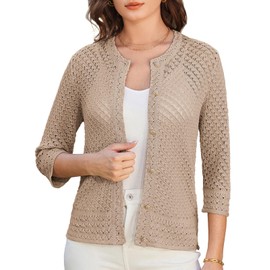 Khaki Crochet Knit Cardigan Old Money Gold Button Cardigan Hollow Out 2025 Summer Lightweight Cardigan Knitwear S