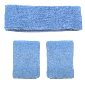 Accessotech Sports Sweat Band Wristband Headband Set Squash Tennis Badminton Gym Yoga Class (Light Blue)