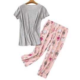CHUNG Women Cotton Blend Pyjamas Set Short Sleeve Top Capri Pants Plus Size S-3XL Sleepwear Nighties,Capri Gray Sheep,L