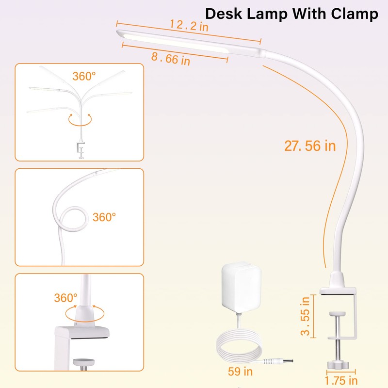 LED Desk Lamp With Clamp, 10W Gooseneck Lamps Touch Control,Swing