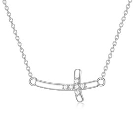 BETHZA Diamond Sideways Cross Necklace for Women 925 Sterling Silver Curved Cross Pendant Dainty Diamonds Religious Jewelry Gifts for Birthday Christmas
