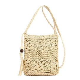 Boho Straw Shoulder Bag with Long Strap Women's Small Purse Vintage Crossbody Bag Beach Bag with Tassel Hand-Woven Beach Clutch Bag for Travel Beach, beige