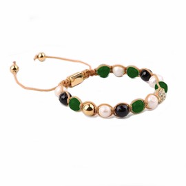 Luxury Green Agate Bracelet Abundance Crystals Bracelet Onyx, Freshwater Pearls, Micro Pave CZ Gold Ball 8mm Adjustable Braided Macrame Bracelet EXCLUSIVE YOGA GIRL USA HANDMADE (green-agate)