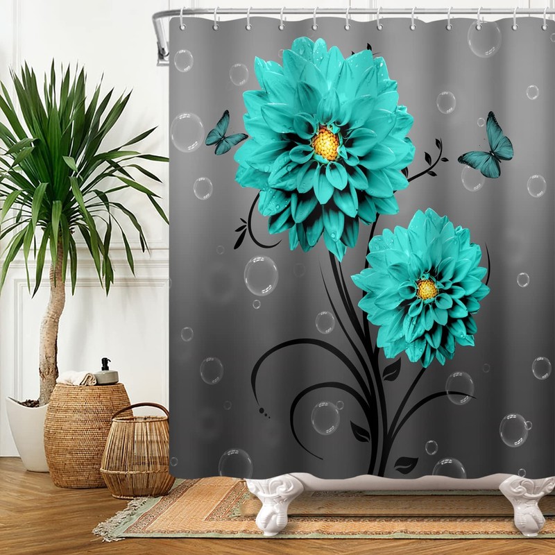 Blue Flower Butterfly Shower Curtain Teal Turquoise Blue Dahlia Bathroom