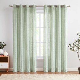 Vangao Linen Stripe Curtains Tickingstripe Light Filtering Window Curtains Green Pinstripe Printed on Beige Drapes 84 Inches Long for Living Room Bedroom Grommet Top 2 Panels