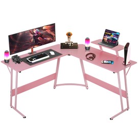 Yewuli 51-inch L Shaped Gaming Desk,Girl‘s Computer Desk, Pink L Shaped Desk for Gaming,Home Office Desks with Detachable Monitor Stand, Corner Desk for Corner,Large,Carbon Fiber,Pink