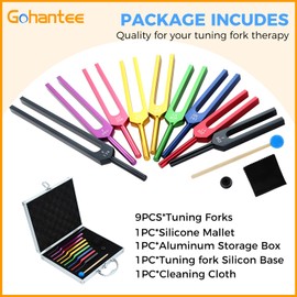 gohantee Solfeggio Tuning Fork Set - 9 Pcs Unweighted Tuning Forks, Colorful Tuning Fork with Aluminum Box for DNA Healing Sound Therapy Yoga -174HZ 285HZ 396HZ 417HZ 528HZ 639HZ 741HZ 852HZ 963HZ