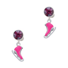 Delight Jewelry Silvertone 3-D Hot Pink Ice Skate - Large Purple Crystal Clip on Earrings