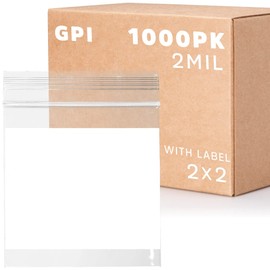 GPI Case of 1000 2" X 2" Clear Plastic Reclosable Zip Bags - Bulk 2 Mil Thick Strong & Durable Poly Baggies with Resealable Zipper Top Lock & Write-on White block, for Jewelry, Packaging & Shipping