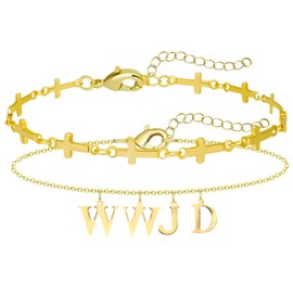 Flongo WWJD Gold Bracelets for Women: 2 Pieces Jesus Bangle Stainless Steel Religion Cross Bracelet Stackable Amulet Prayer Inspirational Women Girls What Would Jesus Do Men Jewellery Gifts, Stainless