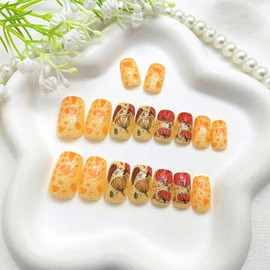 Square Press on Nails Medium Fake Nails with Pumpkin Leaves Irregular Pattern Designs Thanksgiving Nails Press ons Glossy Glue on Nails Glitter Acrylic Nails Yellow Stick on Nails for Women 24 Pcs