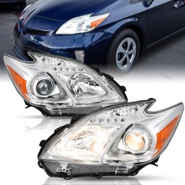 TUSDAR Headlight Replacement Fits For 2012 2013 2014 2015 Toyota Prius, Halogen Headlamp Driver and Passenger Side Chrome Housing with Amber Reflector
