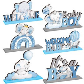 DoubleFill 6 Pcs Gender Reveal Decor It's a Boy Baby Shower Decoration Blue Elephant Party Wooden Table Sign Welcome Baby Centerpieces for Boy Birthday Pregnancy Announcements Newborn Party